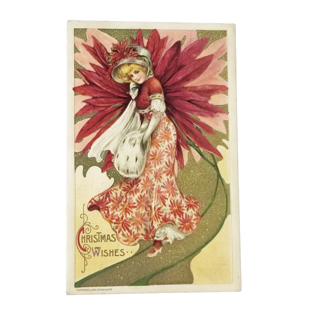 Christmas Postcard Poinsettia Flower Lady Artist Schmucker Winsch Publisher