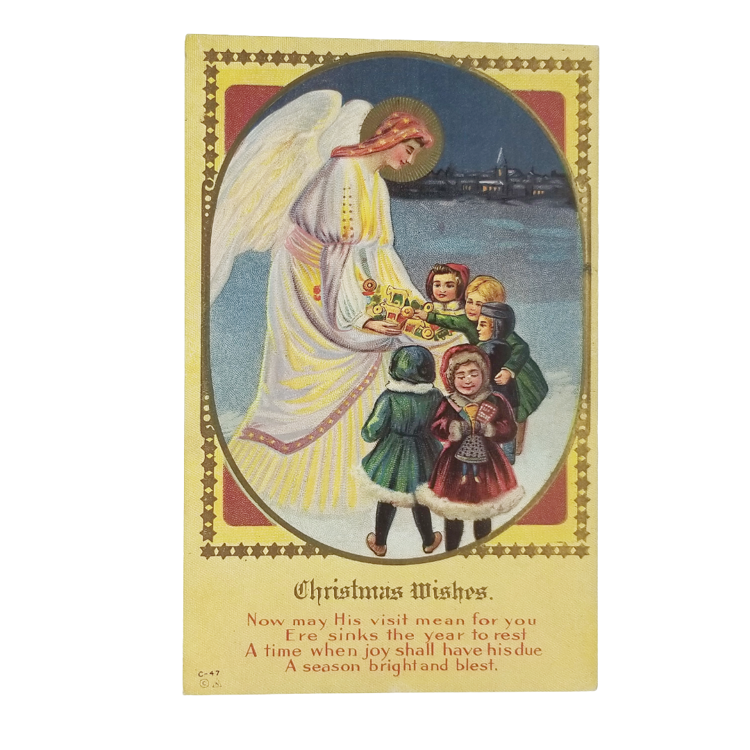 Christmas Postcard Embossed Card w/ Angel Giving Gifts to Children in Snow