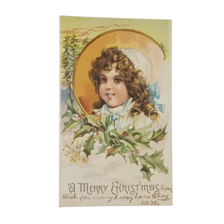 Christmas Postcard Young Girl with Holly