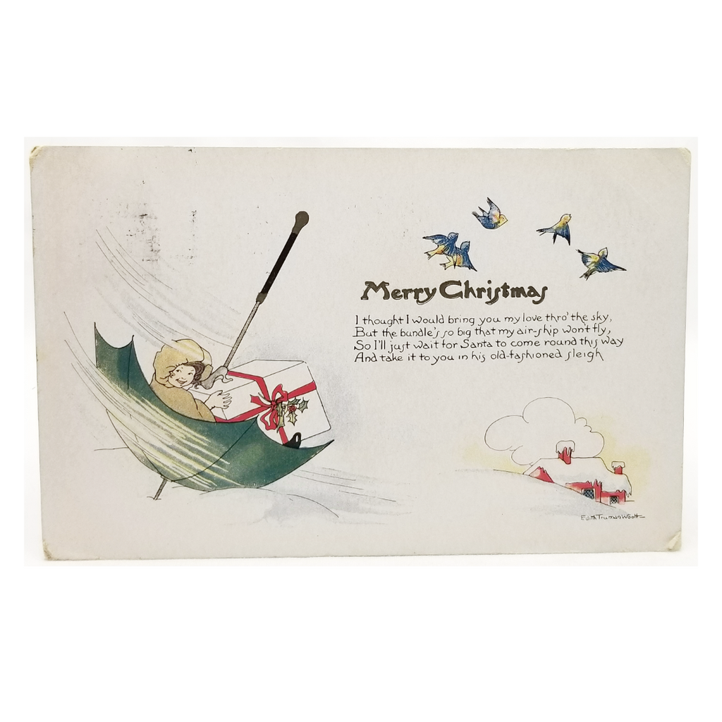 Christmas Postcard Artist Edith Truman Woolf Little Girl Riding in Umbrella on Snow