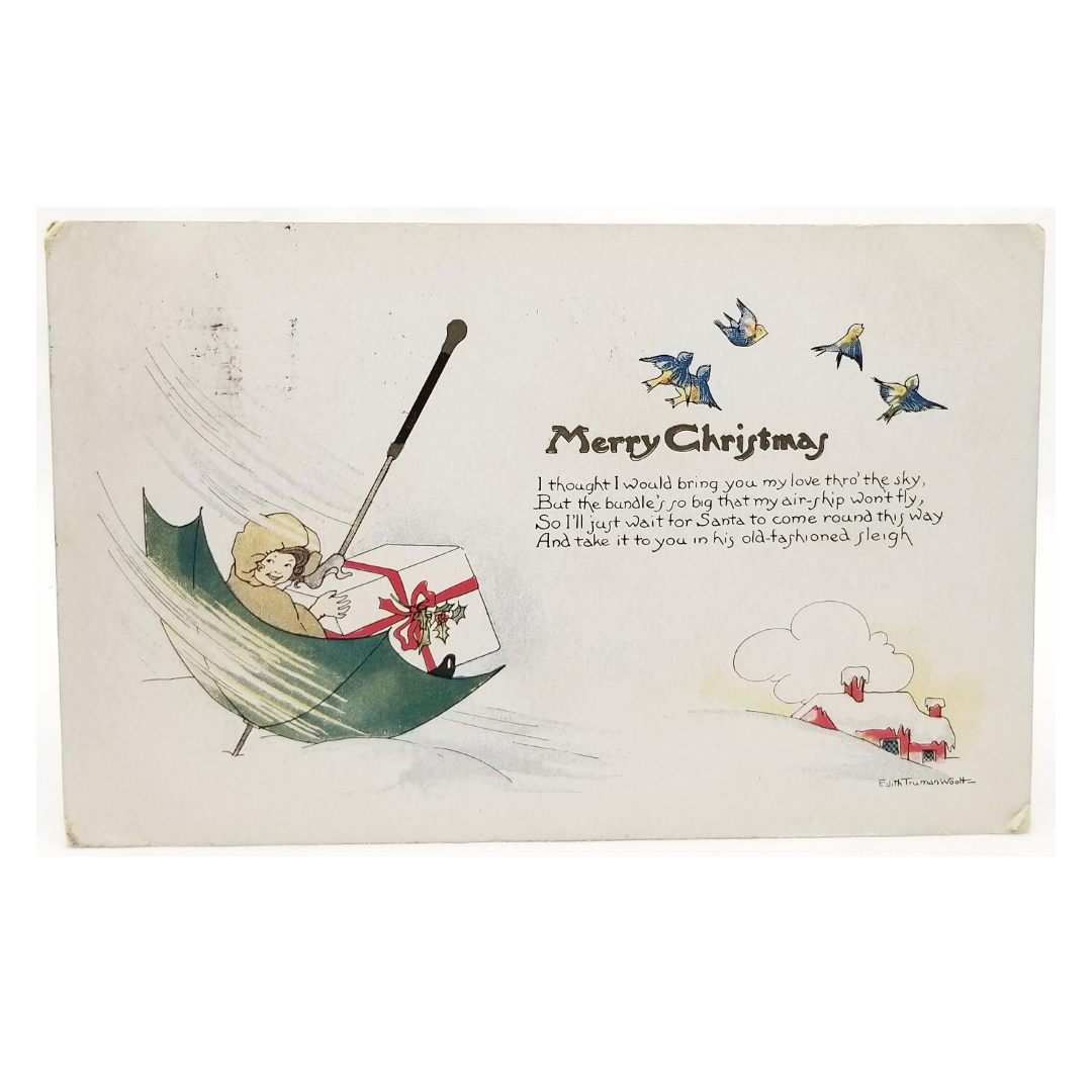 Christmas Postcard Artist Edith Truman Woolf Little Girl Riding in Umbrella on Snow