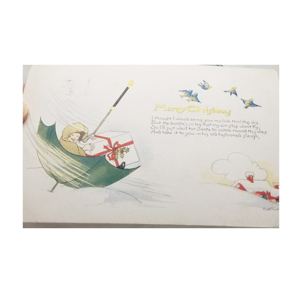 Christmas Postcard Artist Edith Truman Woolf Little Girl Riding in Umbrella on Snow