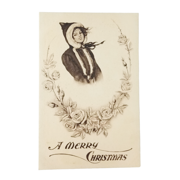 Christmas Postcard Mrs. Claus Sepia Card with Roses Artist Harper