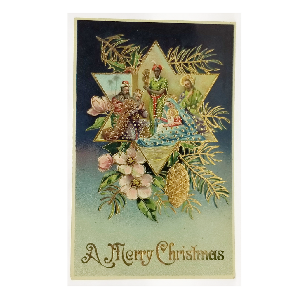 Christmas Postcard Nativity Scene Holy Family Wise Men Gold & Gel Finish