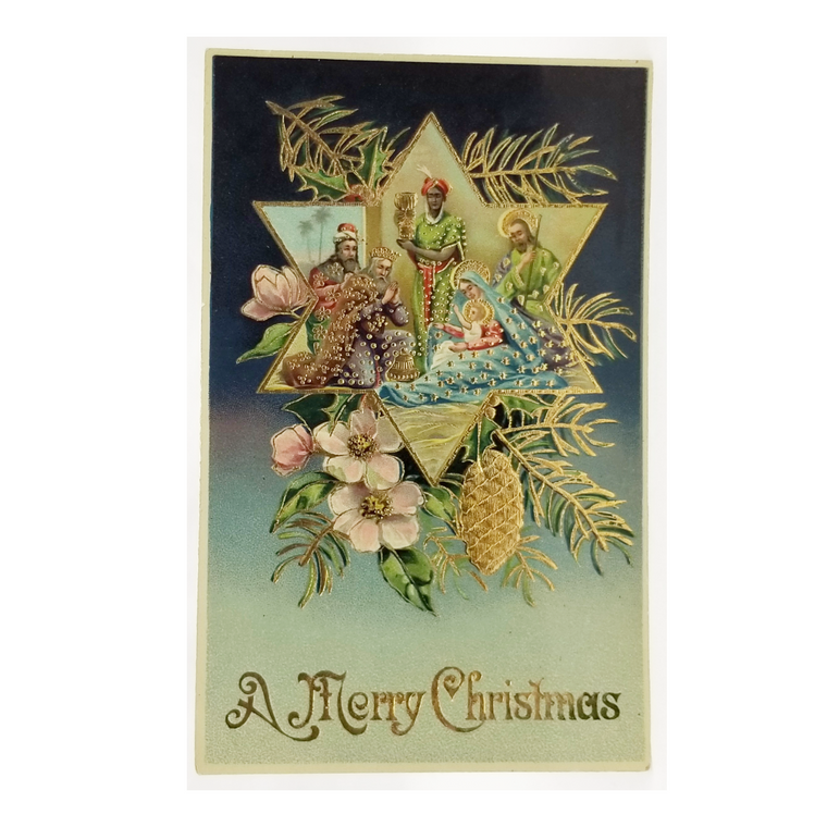 Christmas Postcard Nativity Scene Holy Family Wise Men Gold & Gel Finish