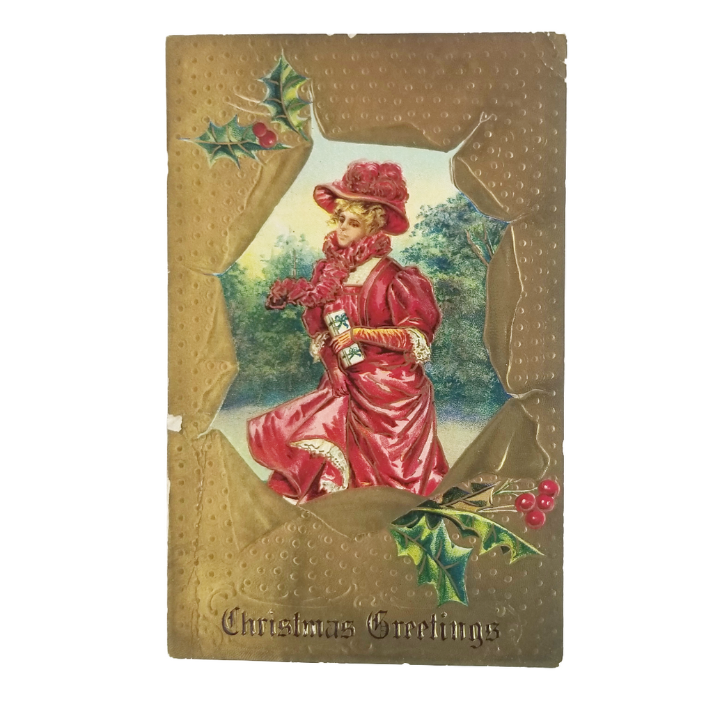 Christmas Postcard Victorian Woman in Red Gold Background