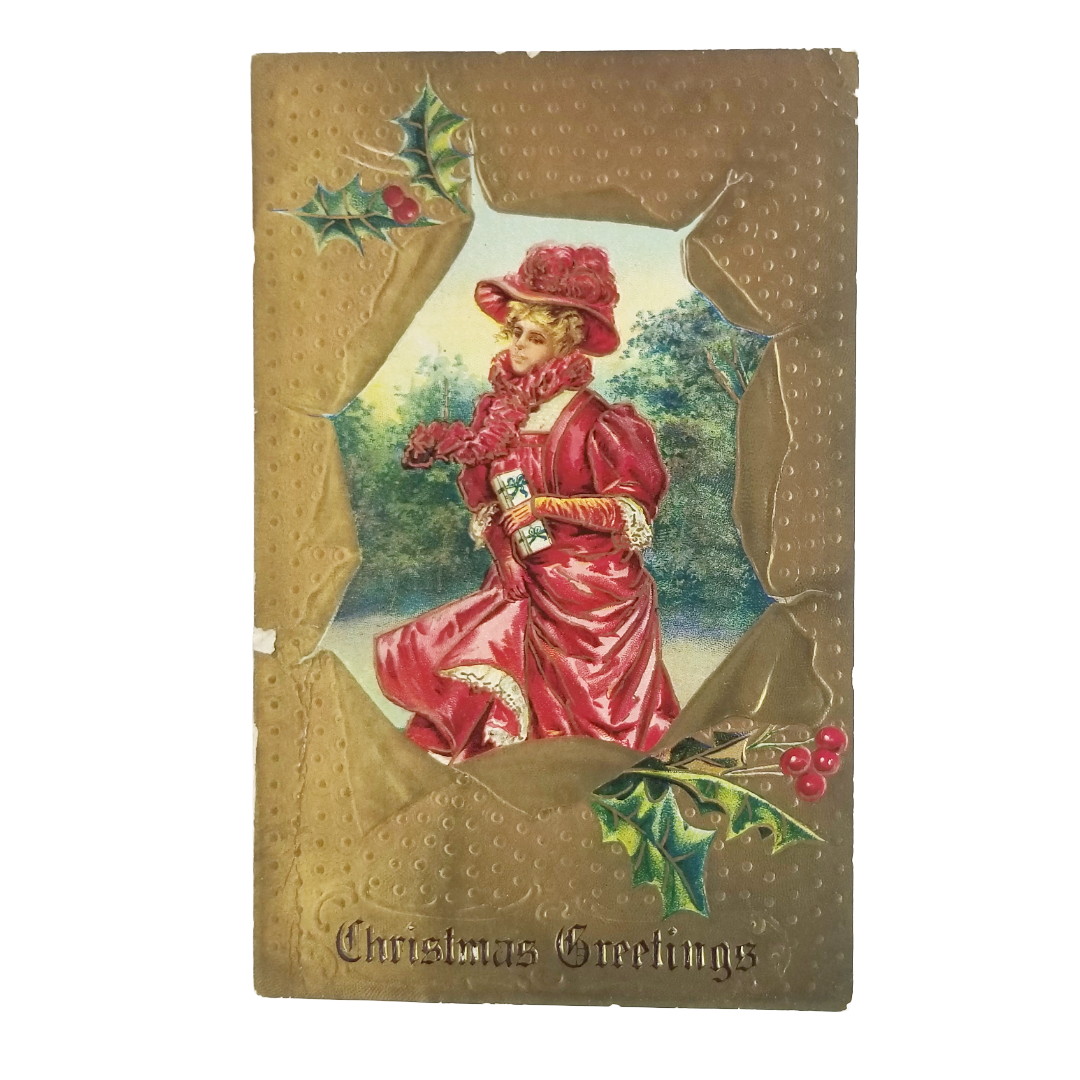 Christmas Postcard Victorian Woman in Red Gold Background