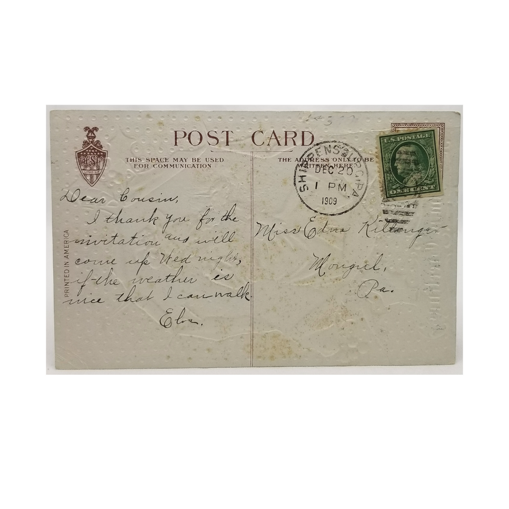 Christmas Postcard Victorian Woman in Red Gold Background