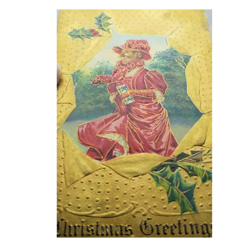 Christmas Postcard Victorian Woman in Red Gold Background
