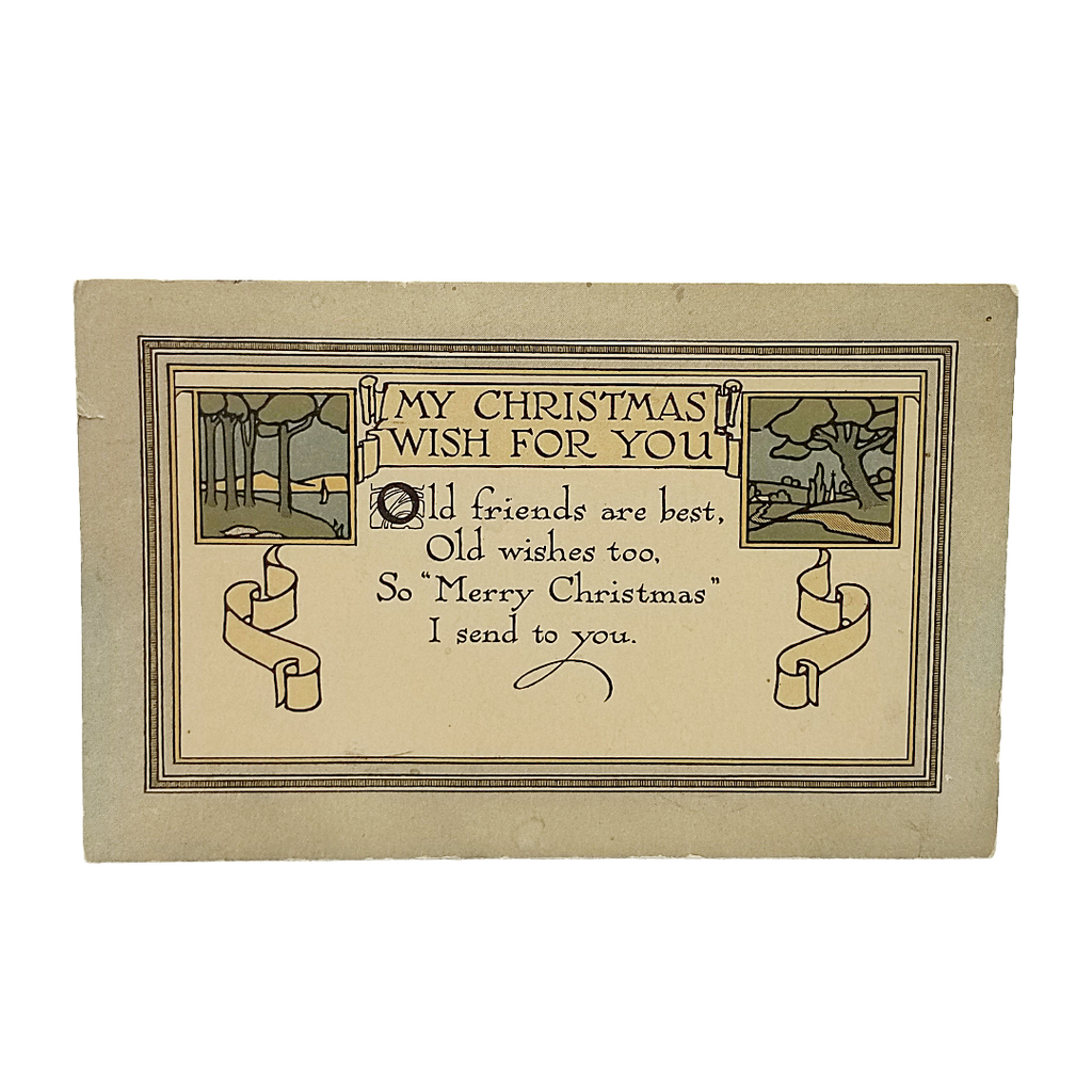 Christmas Postcard Arts Craft Card with Poem Landscape Trees in Corners