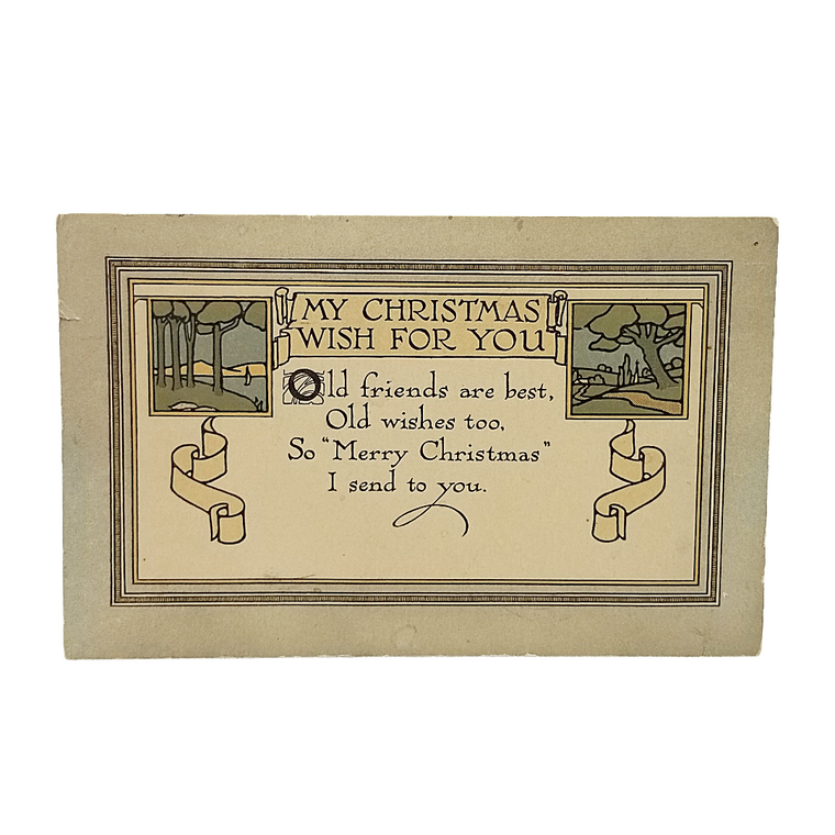 Christmas Postcard Arts Craft Card with Poem Landscape Trees in Corners