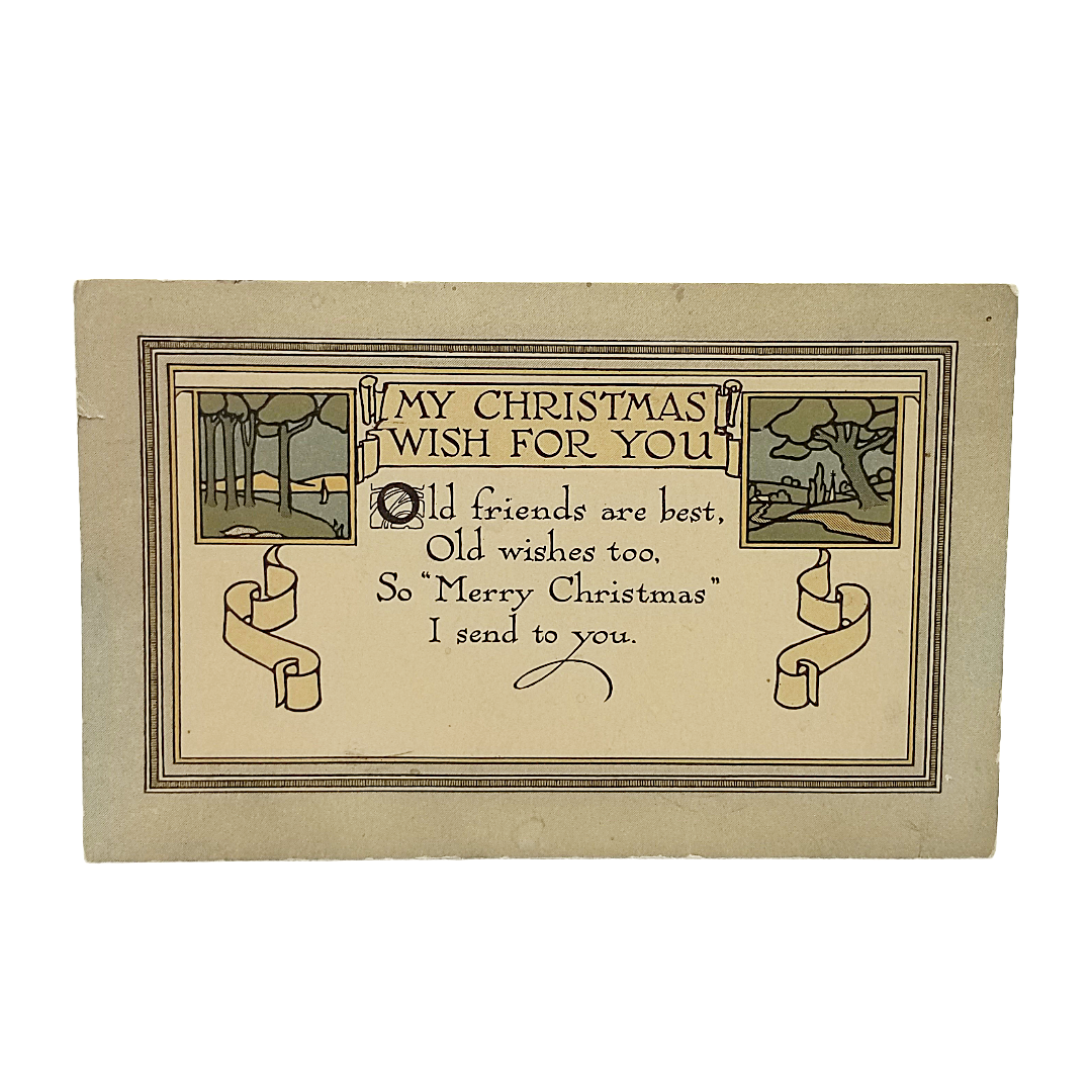 Christmas Postcard Arts Craft Card with Poem Landscape Trees in Corners