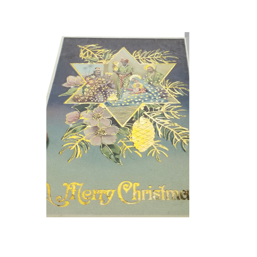 Christmas Postcard Nativity Scene Holy Family Wise Men Gold & Gel Finish