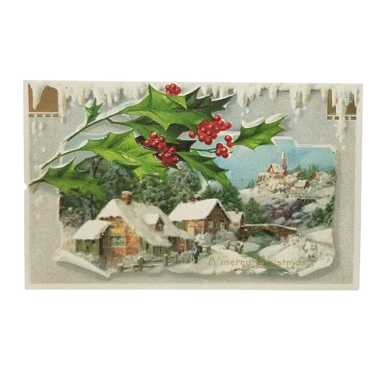 Christmas Postcard Gold Embossed Small Countryside Town in Winter