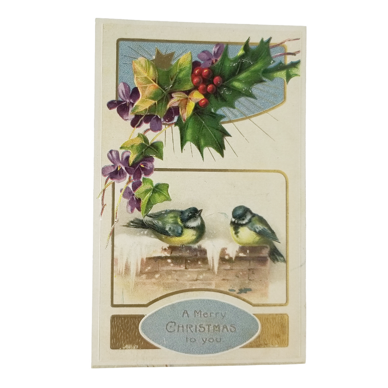 Christmas Postcard Gold Embossed Winter Birds with Holly