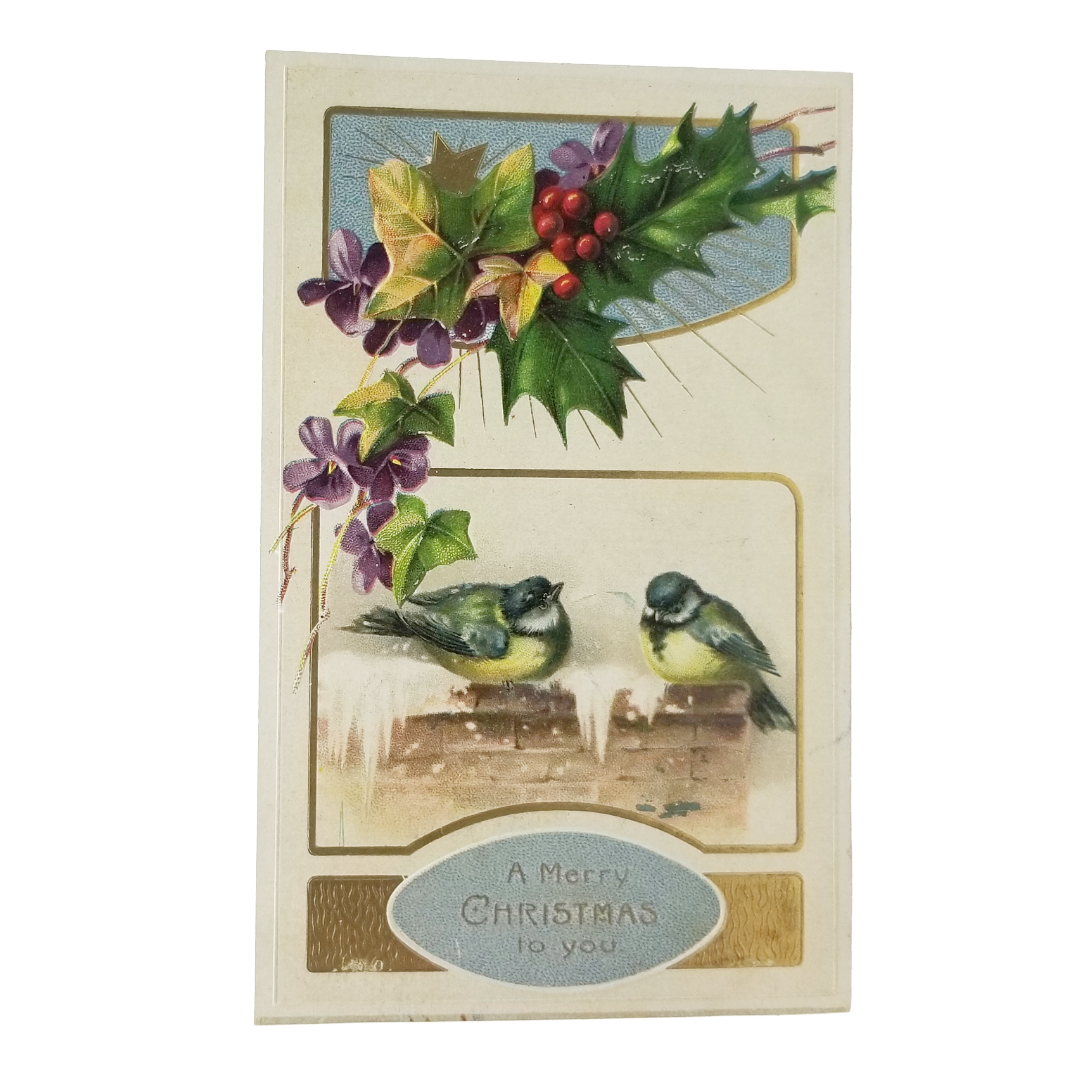 Christmas Postcard Gold Embossed Winter Birds with Holly