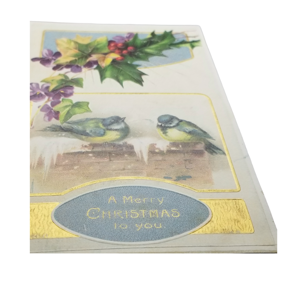 Christmas Postcard Gold Embossed Winter Birds with Holly