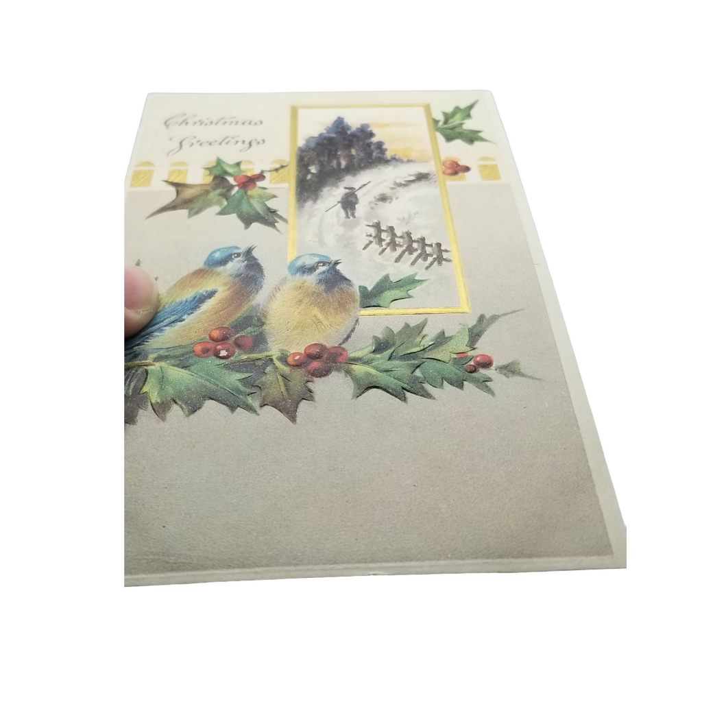 Christmas Postcard Gold Embossed Blue Birds in Winter