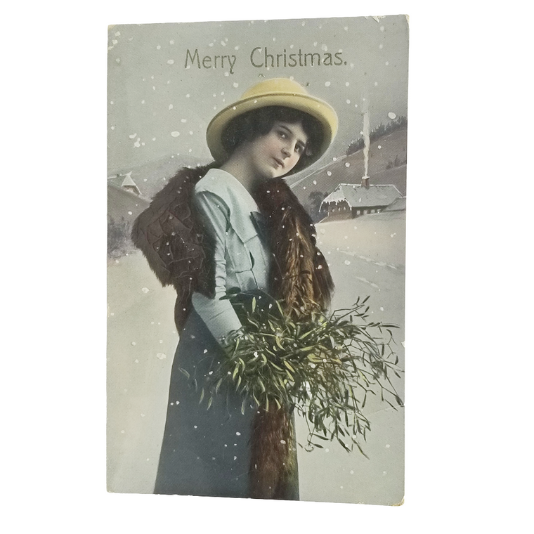 Christmas Postcard Real Photo Style Woman in Winter Landscape