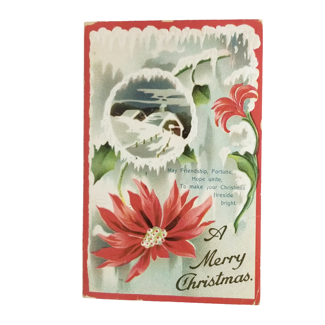 Christmas Postcard Embossed Poinsettias with Winter Landscape IAP