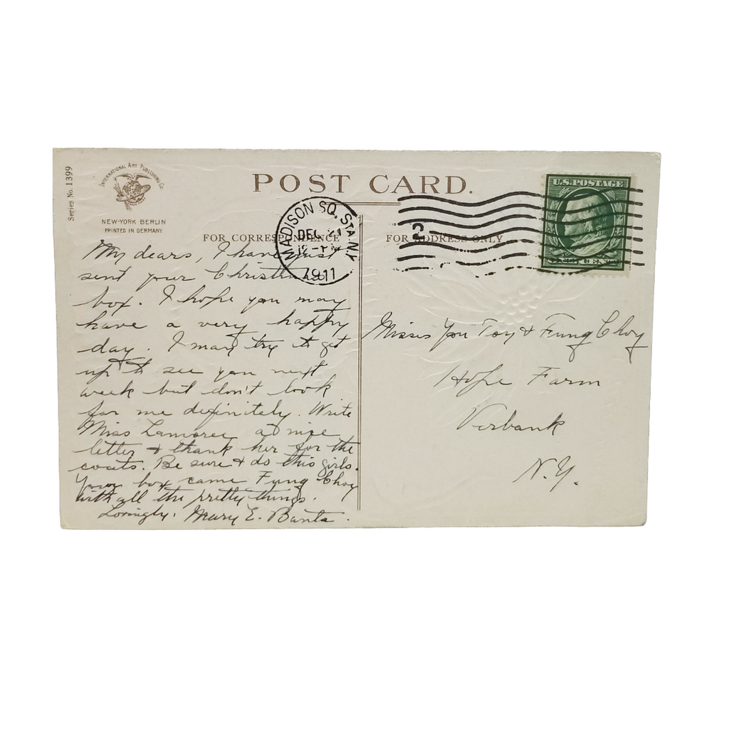 Christmas Postcard Embossed Poinsettias with Winter Landscape IAP