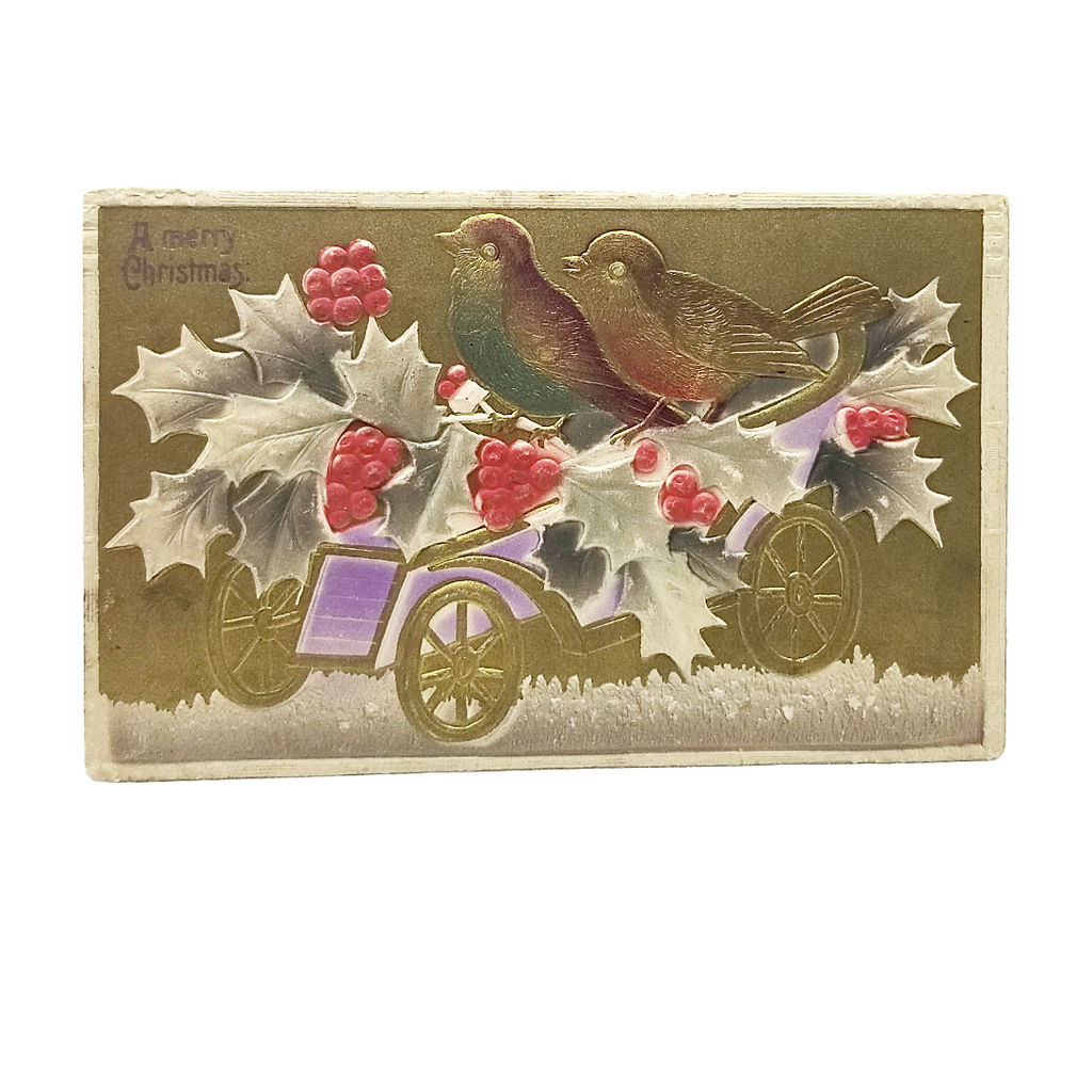 Christmas Postcard Embossed Gold Car with Birds & Holly