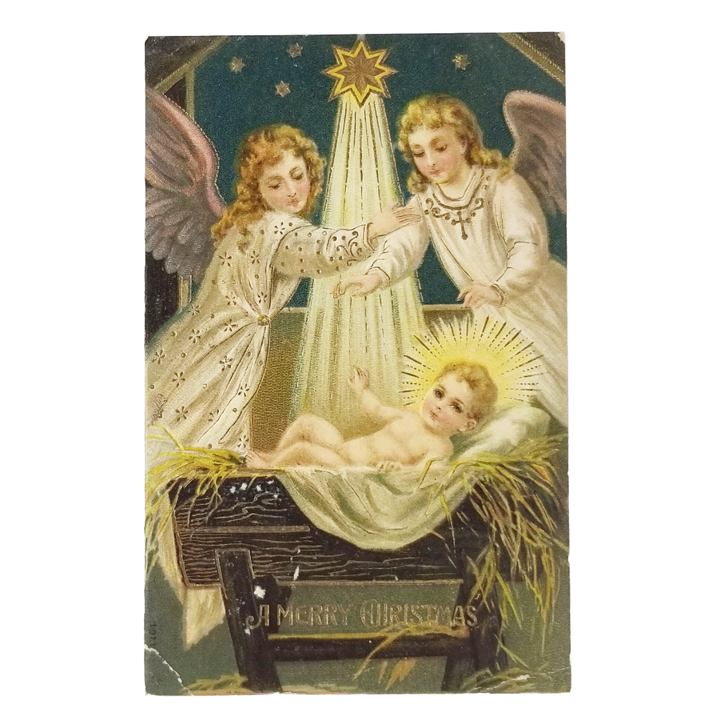 Christmas Postcard Baby Jesus with Angels Over Manger Gold Embossed