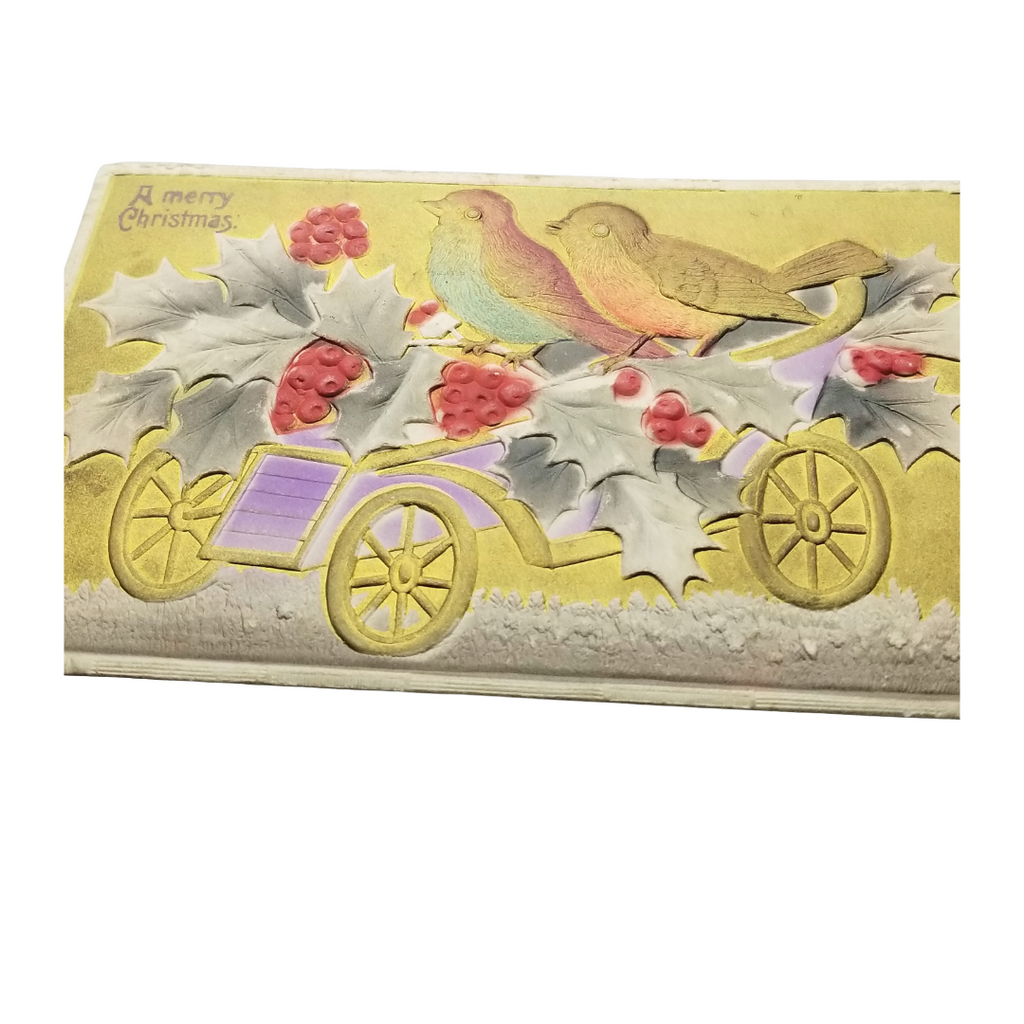 Christmas Postcard Embossed Gold Car with Birds & Holly