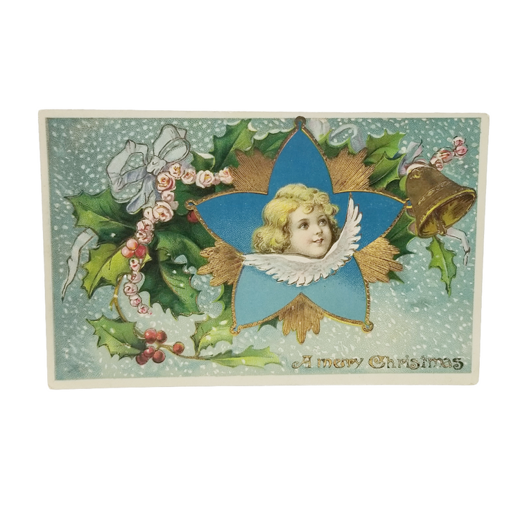 Christmas Postcard Embossed Angel Cherub with Gold Highlights