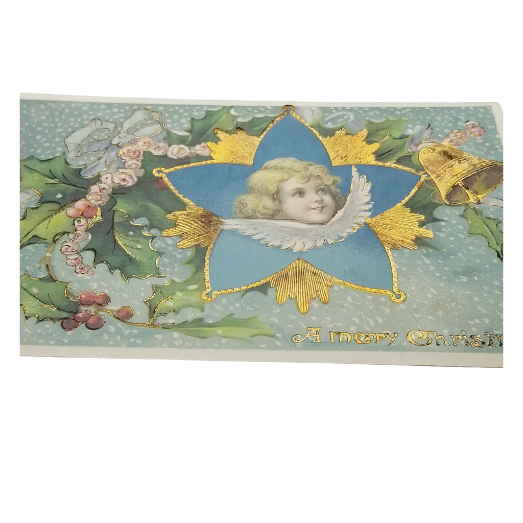 Christmas Postcard Embossed Angel Cherub with Gold Highlights