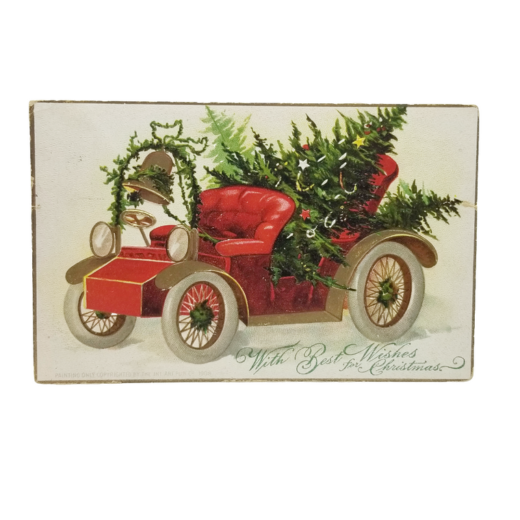 Christmas Postcard Santa's Car with Trees and Bell