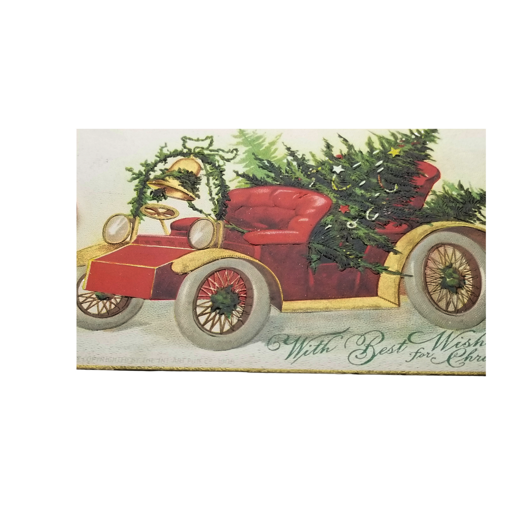 Christmas Postcard Santa's Car with Trees and Bell