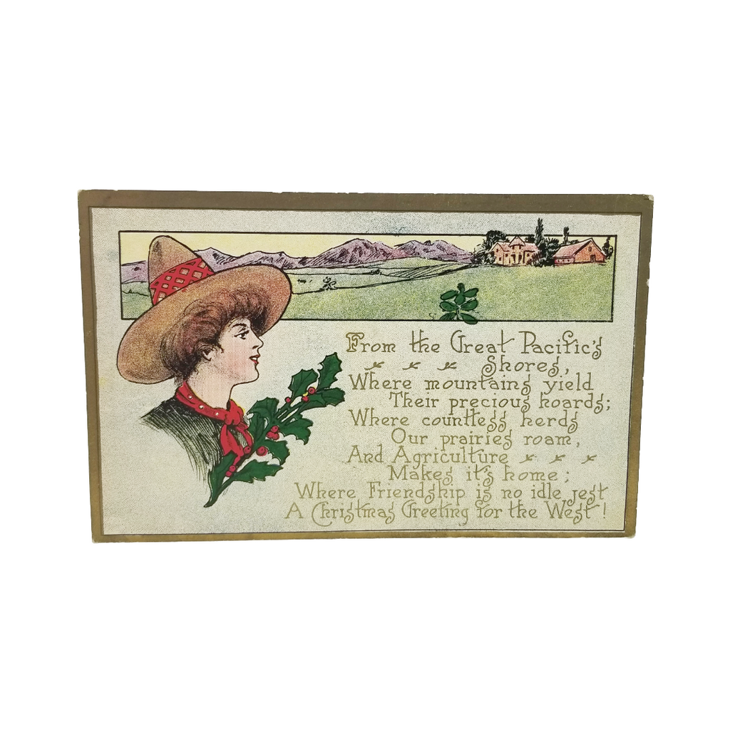 Christmas Postcard Western Cowgirl with Poem Greetings from Pacific Shore