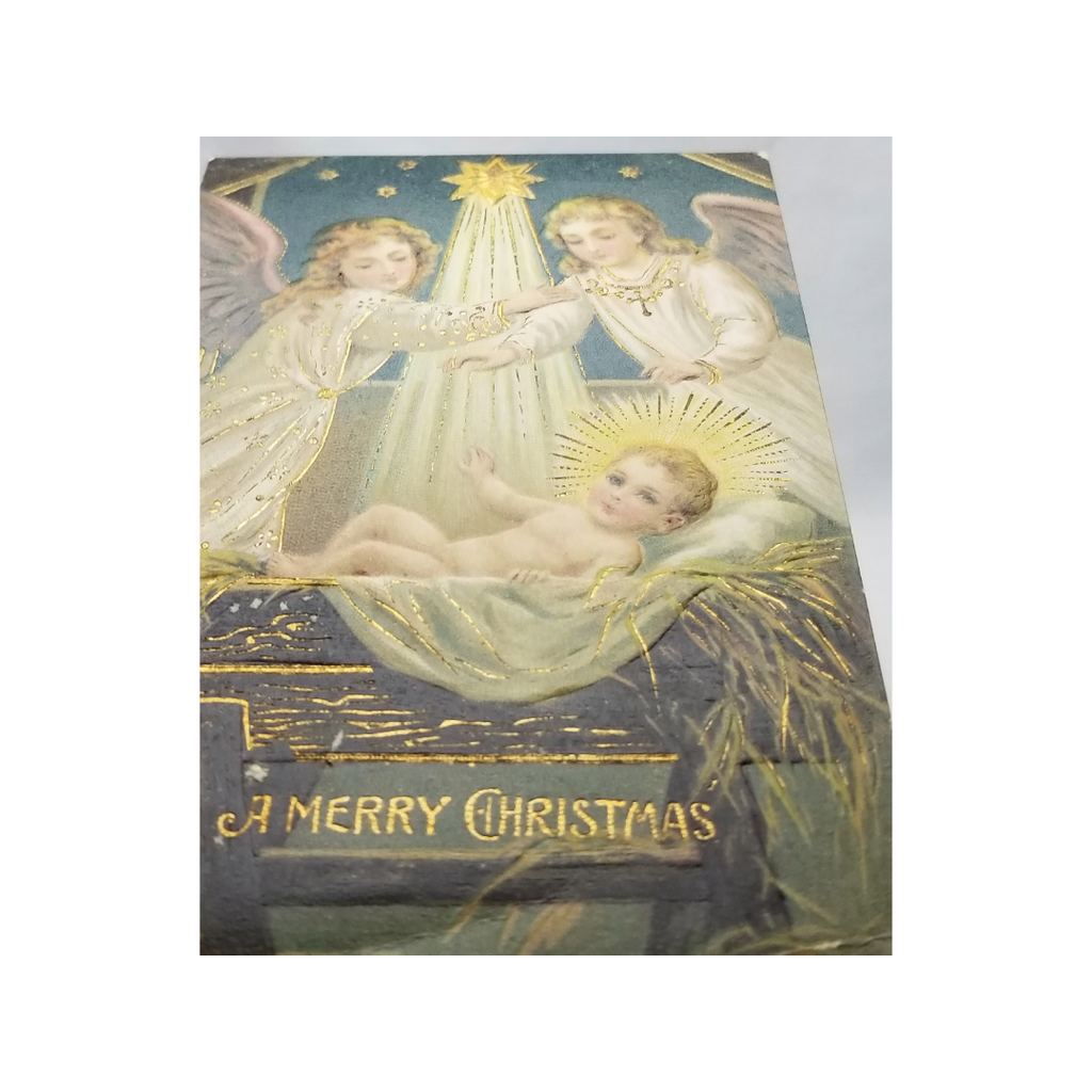Christmas Postcard Baby Jesus with Angels Over Manger Gold Embossed