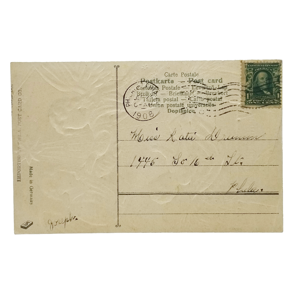 Christmas Postcard Baby Jesus with Angels Over Manger Gold Embossed