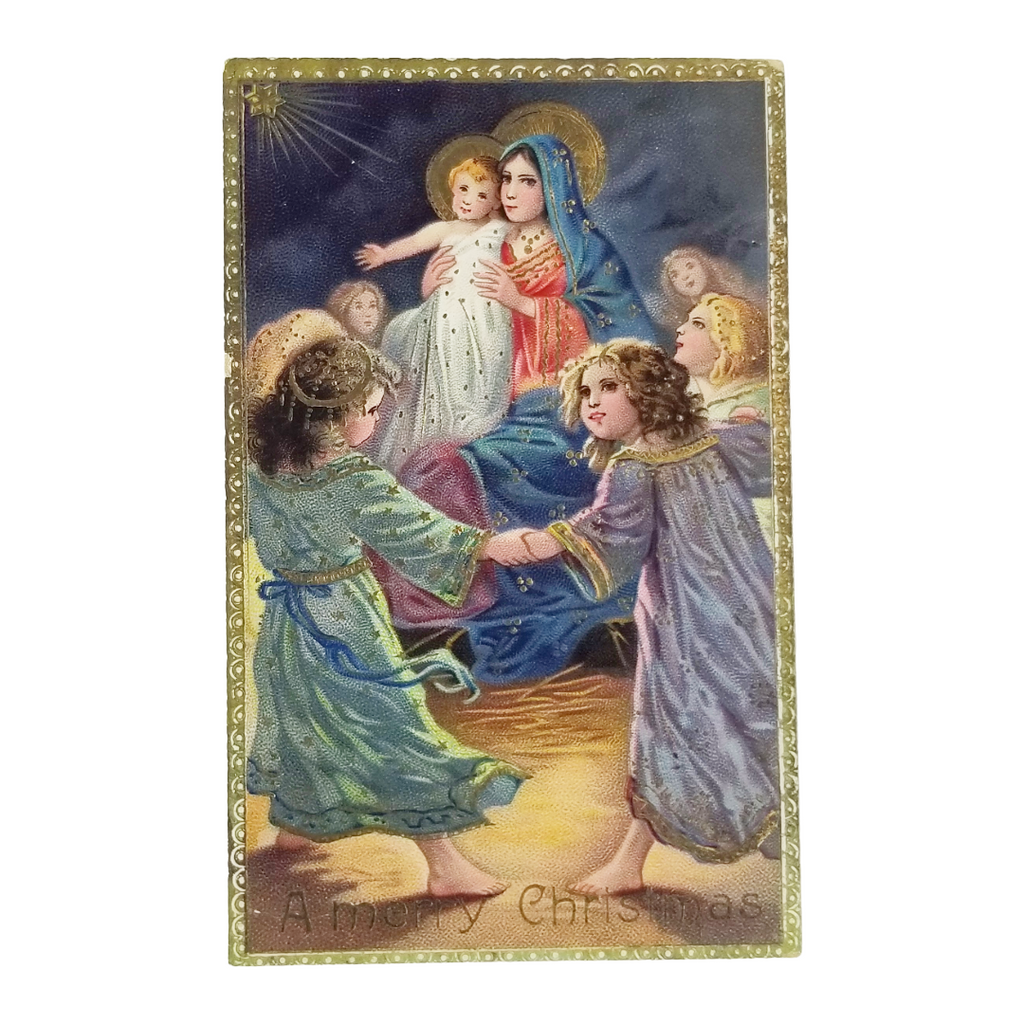 Christmas Postcard Nativity Scene Mother Mary Baby & Angels Gold Gel Finish