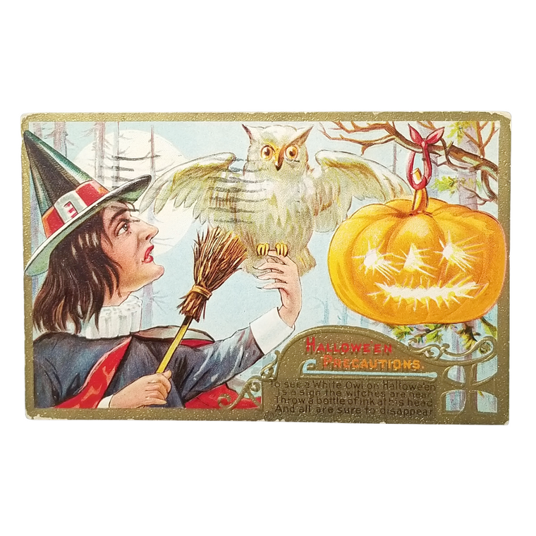Antique 1909 Nash "Halloween Precautions" Postcard - Witch & White Owl
