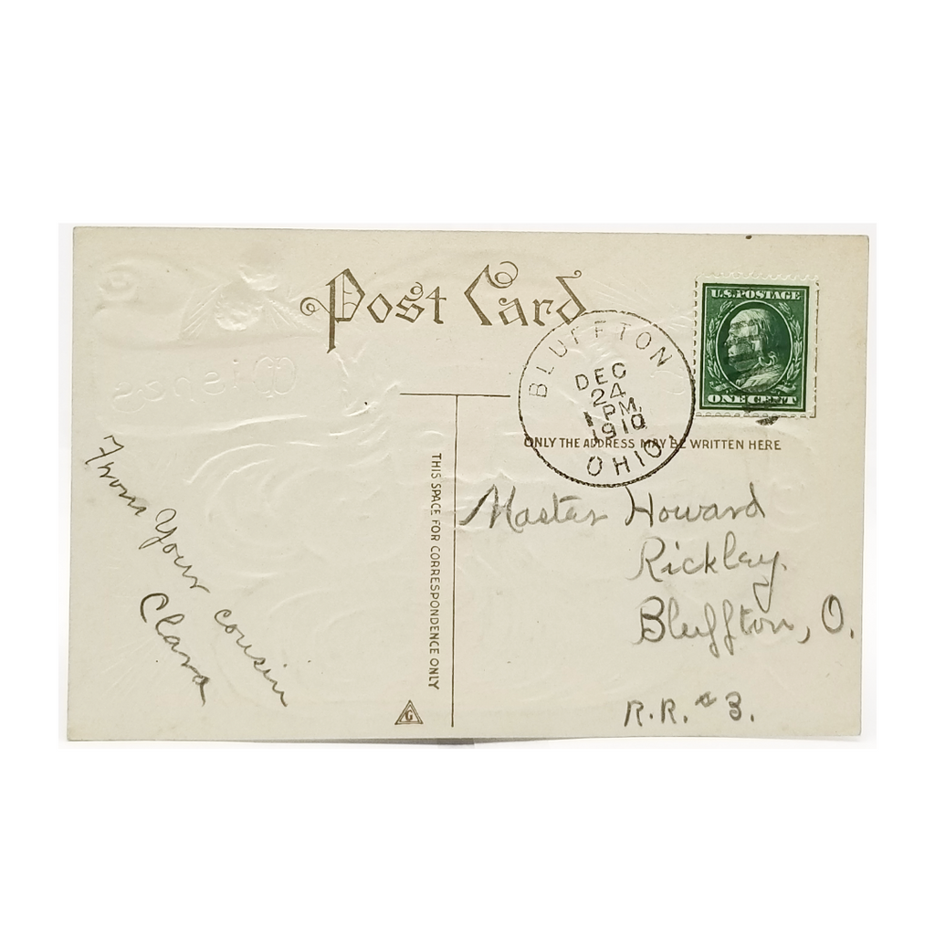 Christmas Postcard Santa Claus in Pine Cone Tree Best Wishes Banner