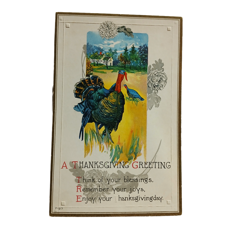 Thanksgiving Postcard Turkeys in Field with Home Behind T-97