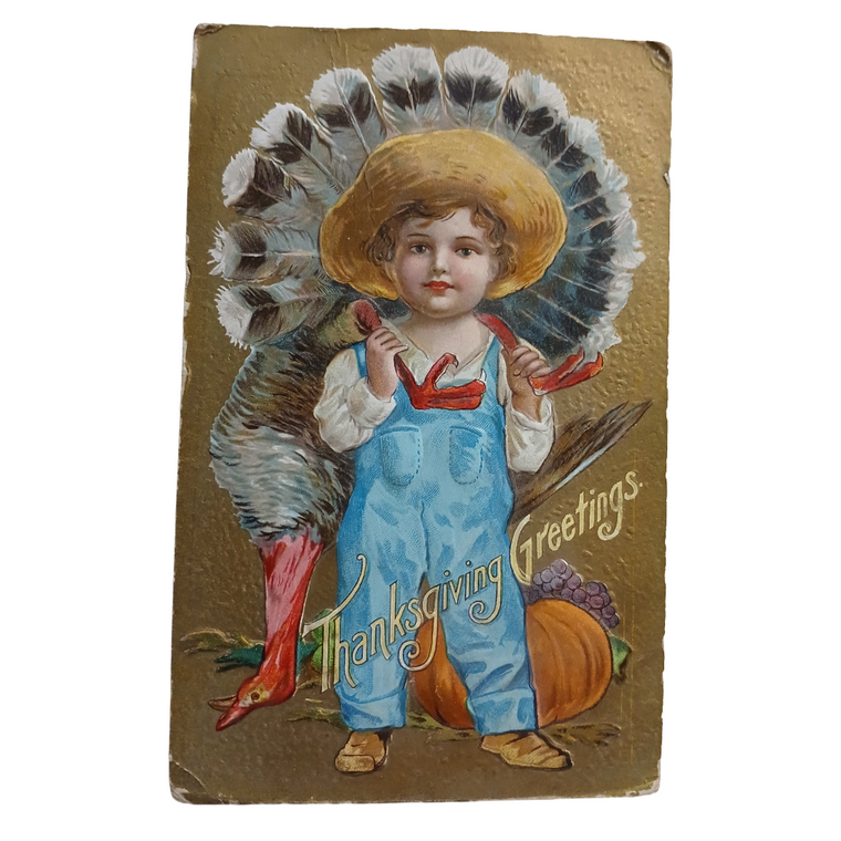 Thanksgiving Postcard Farmer Boy Holding Turkey Gold Background Sample Card
