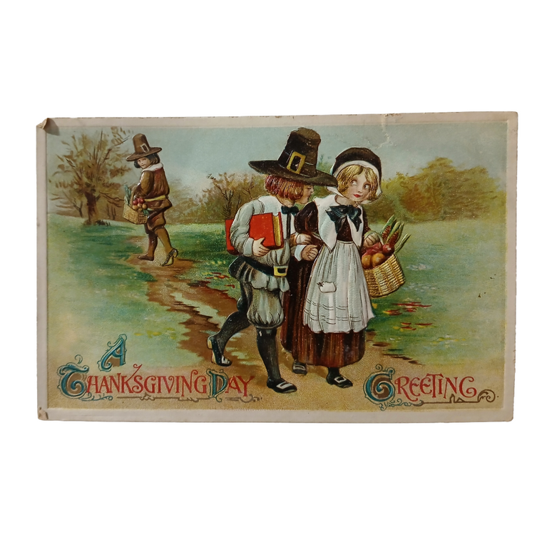 Thanksgiving Postcard Pilgrim Children Walking on Path Series 2702
