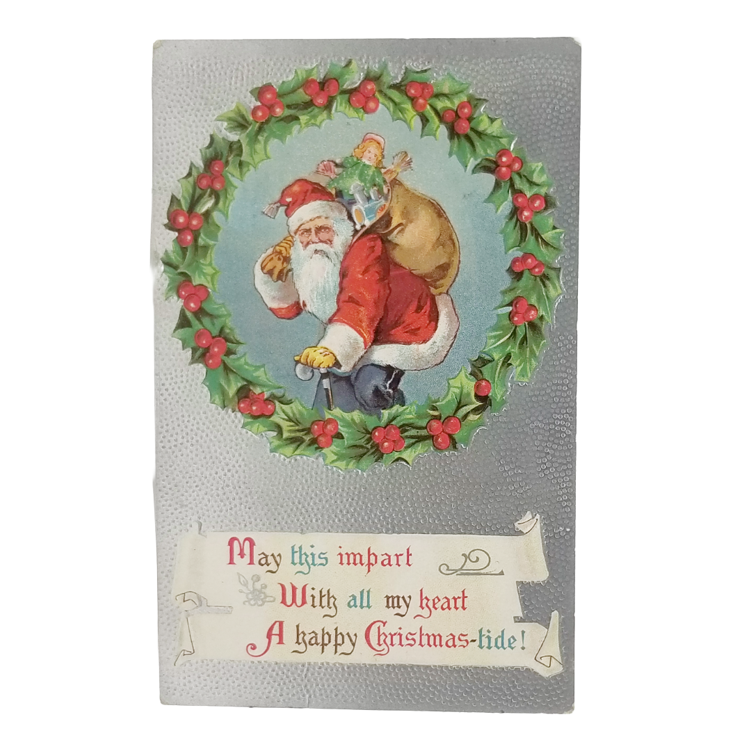 Christmas Postcard Santa Claus Toy Bag Wreath Border Silver Background