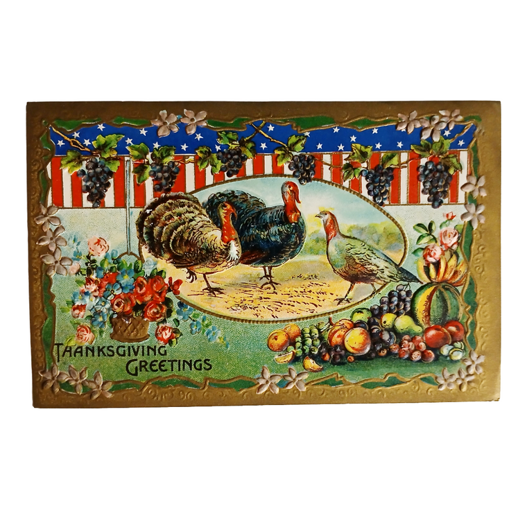 Thanksgiving Patriotic Postcard Turkeys Autumn Harvest American Flags