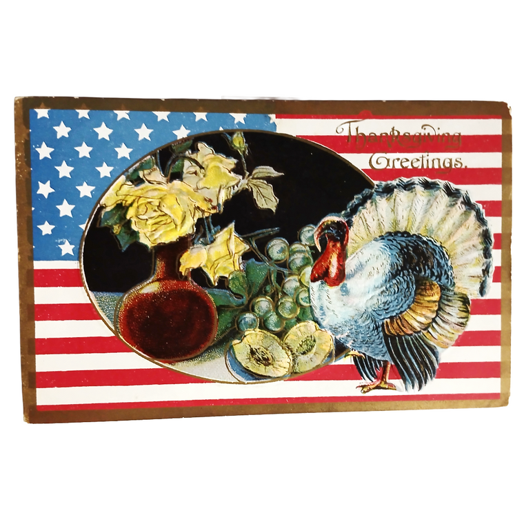 Thanksgiving Patriotic Theme Postcard Series 2140 White Turkey American Flag