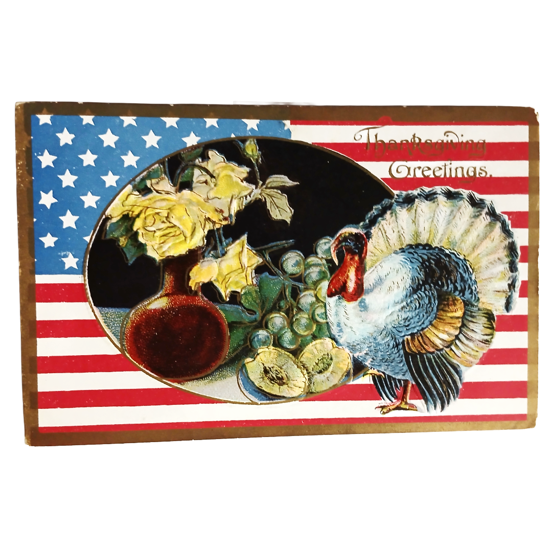 Thanksgiving Patriotic Theme Postcard Series 2140 White Turkey American Flag