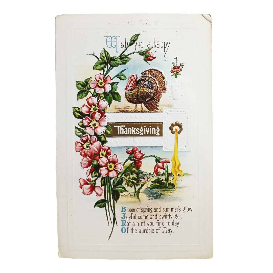 Thanksgiving Postcard Art Nouveau Style Turkey with Flowers