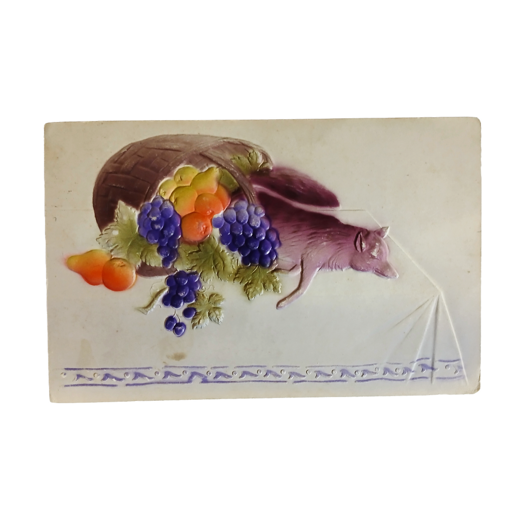 Thanksgiving Postcard Basket of Fruit with Fox Embossed Airbrush Paint