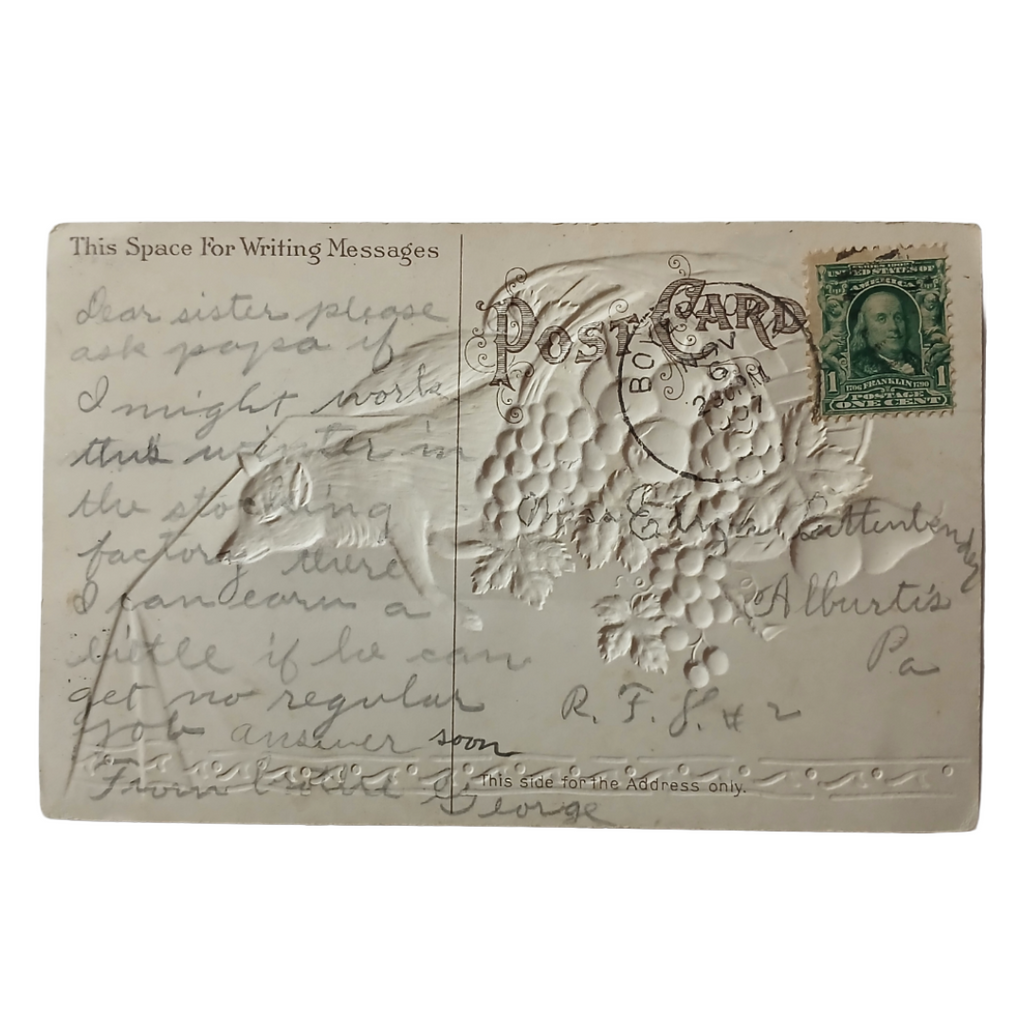 Thanksgiving Postcard Basket of Fruit with Fox Embossed Airbrush Paint