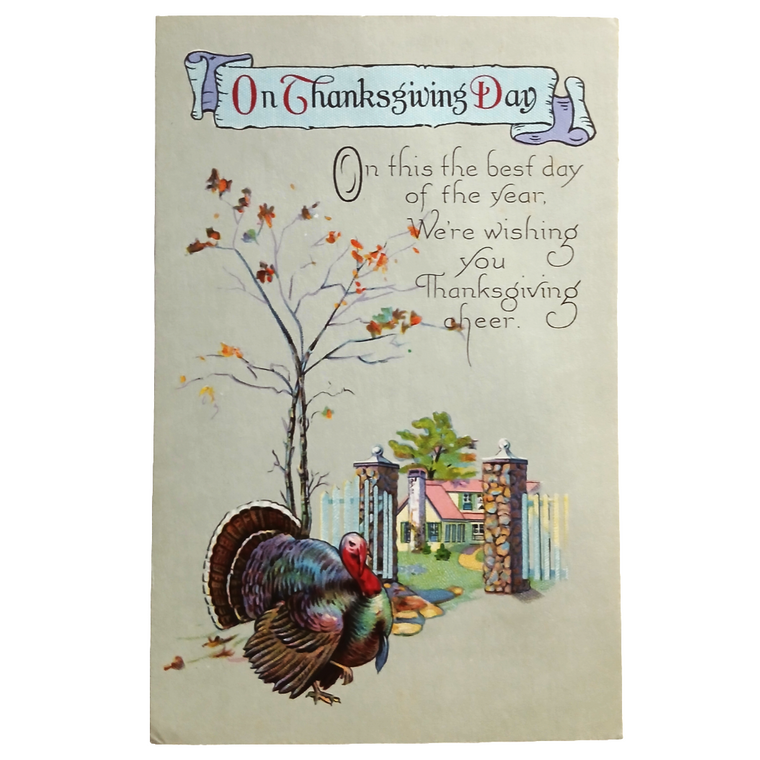 Thanksgiving Postcard Series 1268 Turkey at House Gate in Autumn