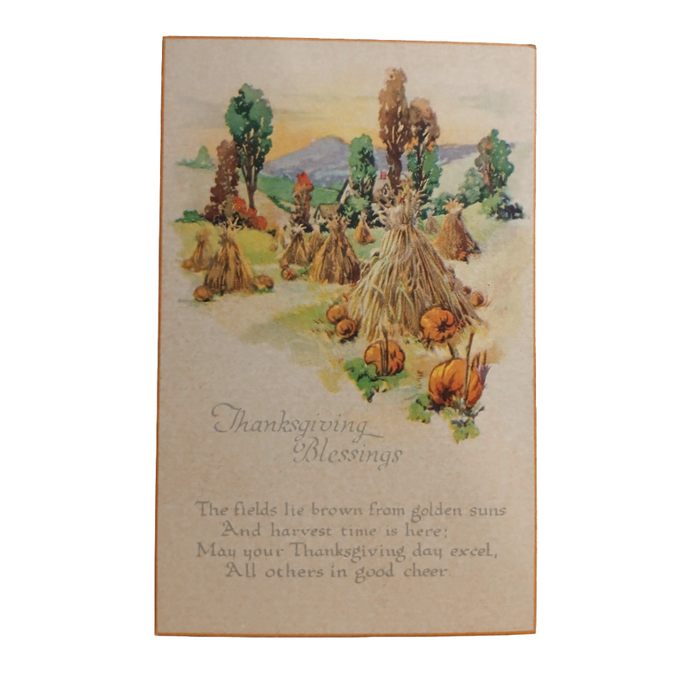 Thanksgiving Postcard Haystacks in Pumpkin Patch Arts Craft Style